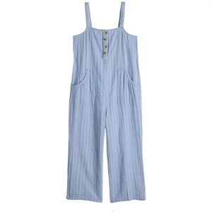 Cute Blue and White Striped Womanβs One-Piece Romper 3 Buttons 2 Pockets